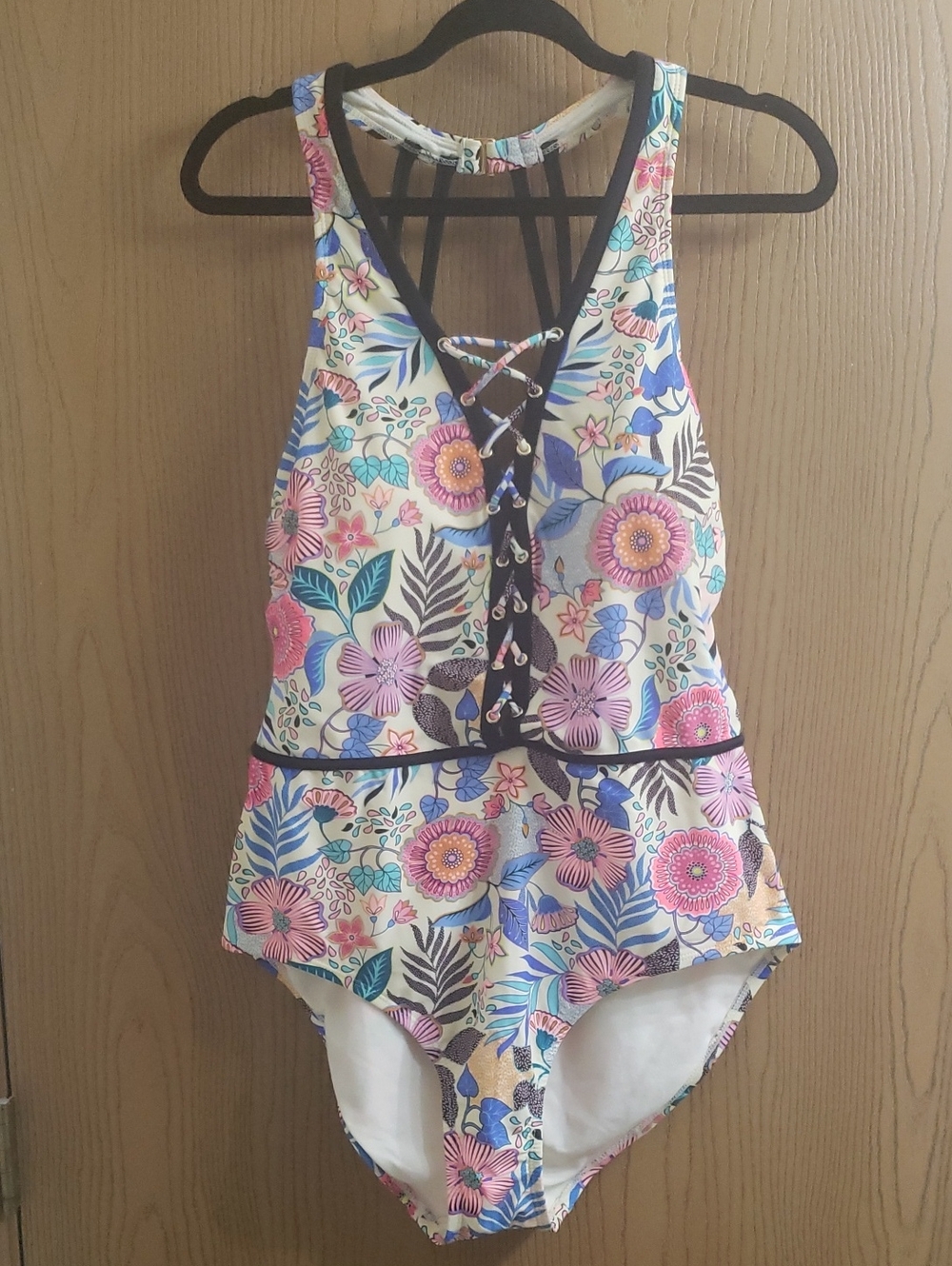 Time and Tru Floral Lace-Up One-Piece Swimsuit in Pink, Blue, Purple, Green